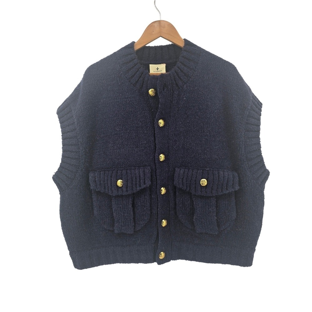 Tuckernuck Sweater Vest Womens XL Navy Blue Boucle Gold Button Cardigan Vest